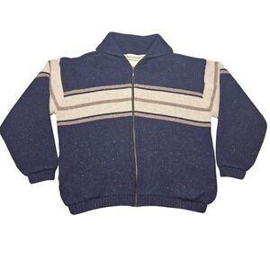 VTG Prides Landing 90s Full Zip Striped Knit Lined Sweater Navy Sz XL